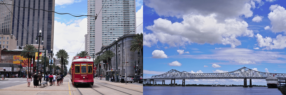 The bustling streets of New Orleans and Mississippi River.