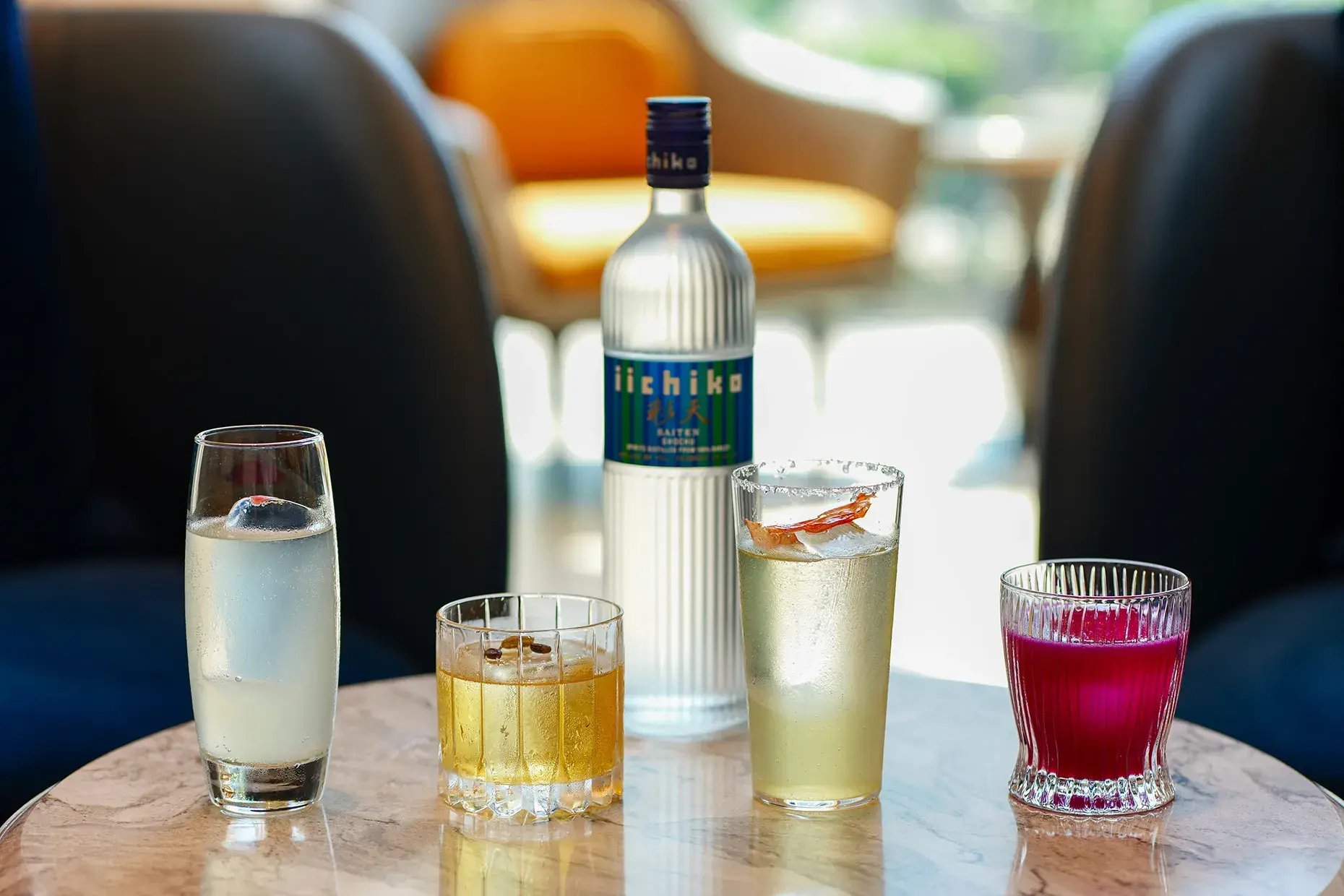 Cocktails served at the Osaka event. From left: Atsushi’s A Foggy Day and Mai Tai, followed by Erik’s My Garden Is Your Garden and Rhiza.