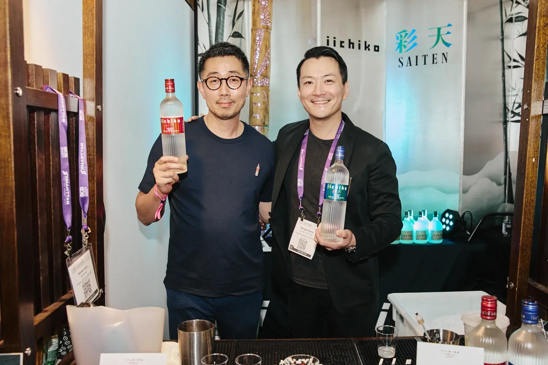 Bartenders Kenta Goto (left) and Shingo Gokan visiting the iichiko booth