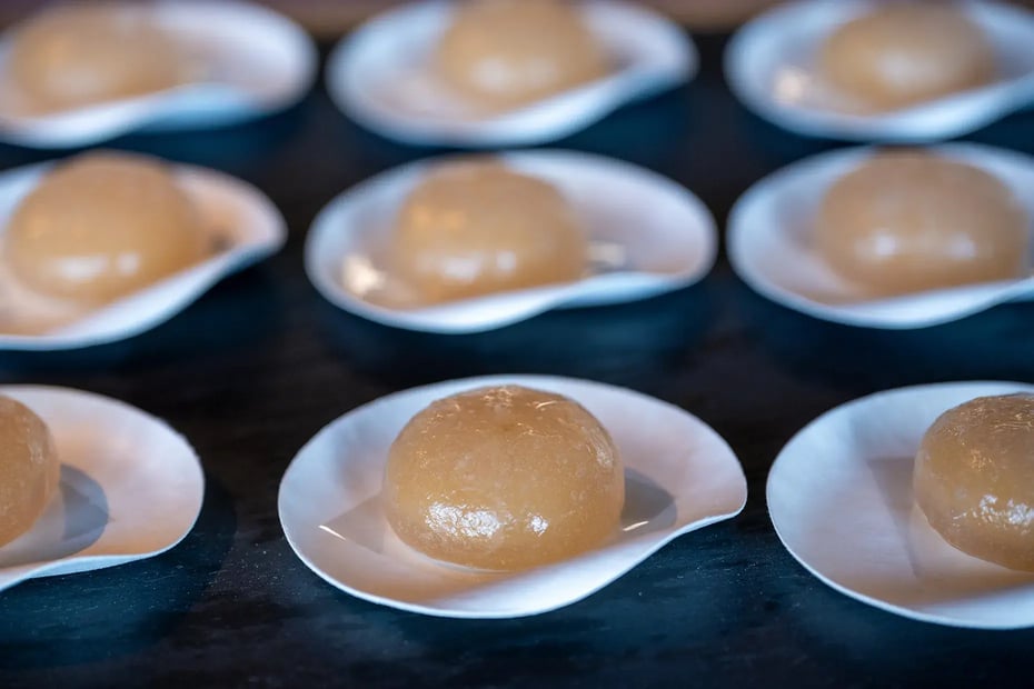 Plum and iichiko Saiten Mizu Manju, wagashi by Mebukiya made with iichiko Saiten