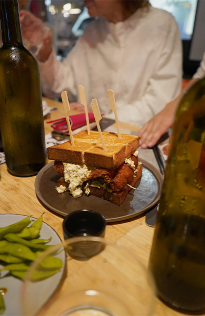 The saba katsu sando paired with The Other Rice Negroni.